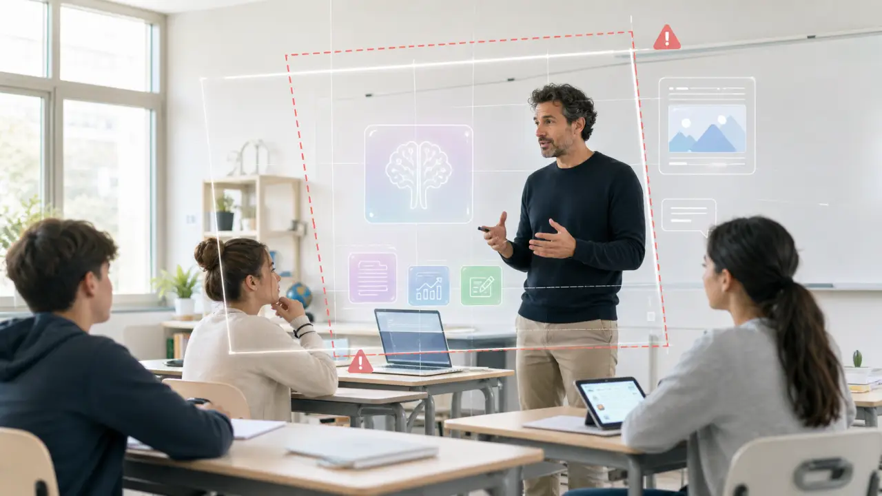Illustration d'une salle de classe moderne avec des outils numériques et des repères visuels sur l'intelligence artificielle