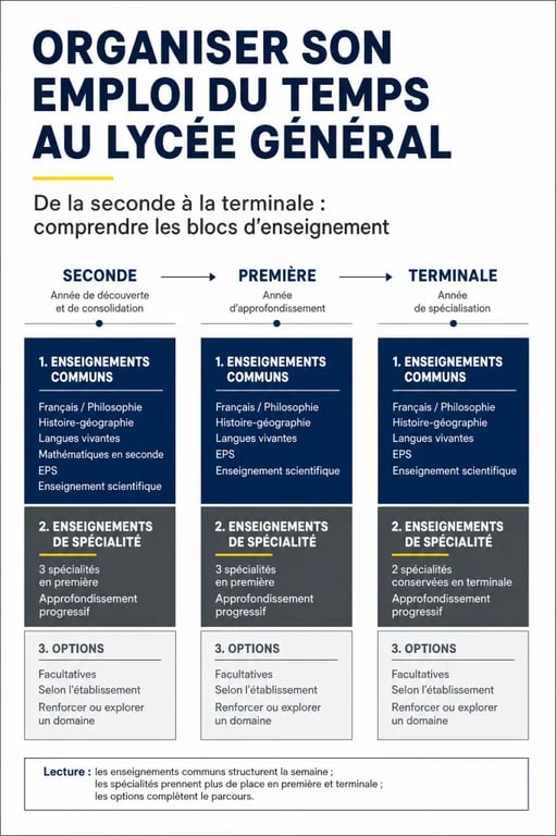 Infographie de l’emploi du temps lycée général montrant les enseignements communs, les spécialités et les options
