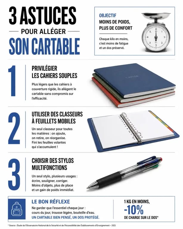 Infographie sur l'allègement du cartable et l'optimisation de la liste de fournitures scolaires
