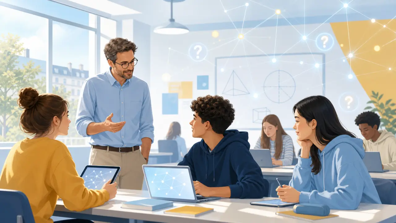 Illustration Bento de l'intelligence artificielle au lycée, avec tablette, classe lumineuse et icônes éducatives