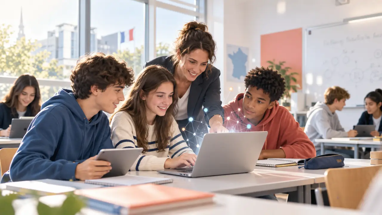 Élèves de lycée utilisant des outils numériques et l'intelligence artificielle en classe