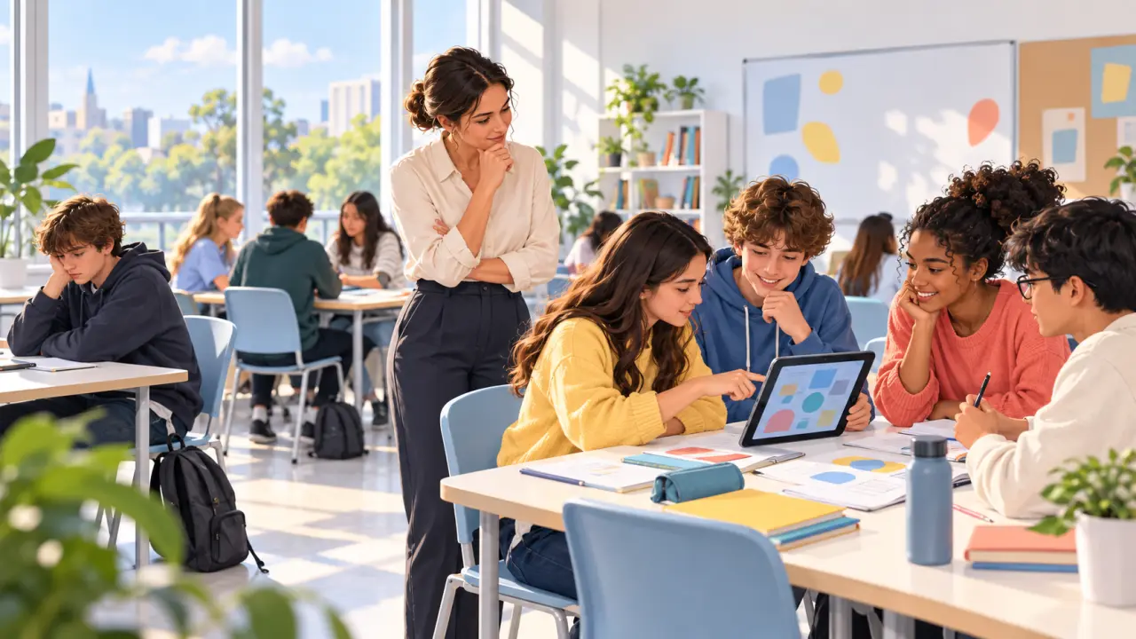 Élèves de lycée travaillant en groupe dans une classe moderne