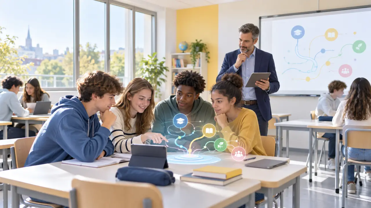 Des lycéens travaillent avec une enseignante dans une salle de classe équipée d’outils numériques
