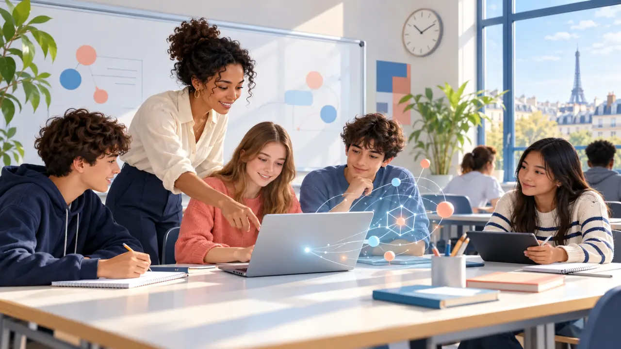 Enseignant accompagnant des lycéens utilisant une intelligence artificielle en classe