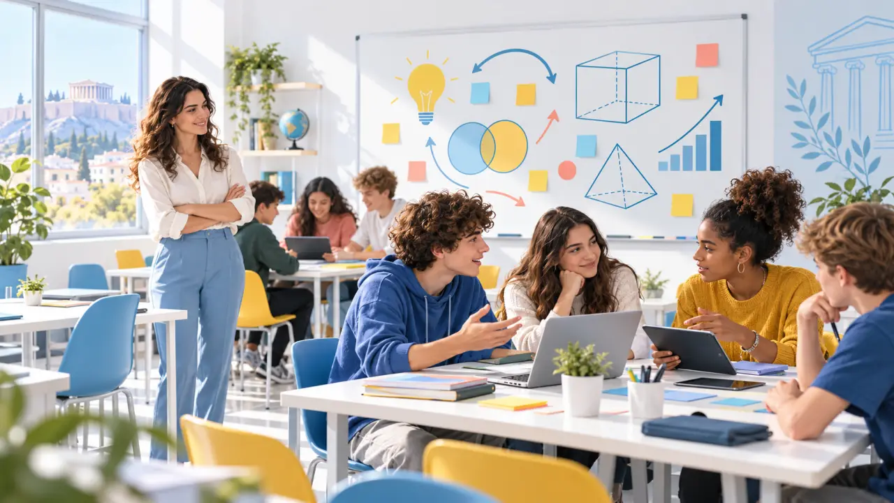 Des lycéens travaillent en groupe dans une salle de classe lumineuse
