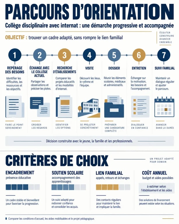 Infographie sur le parcours d’admission dans un collège disciplinaire avec internat