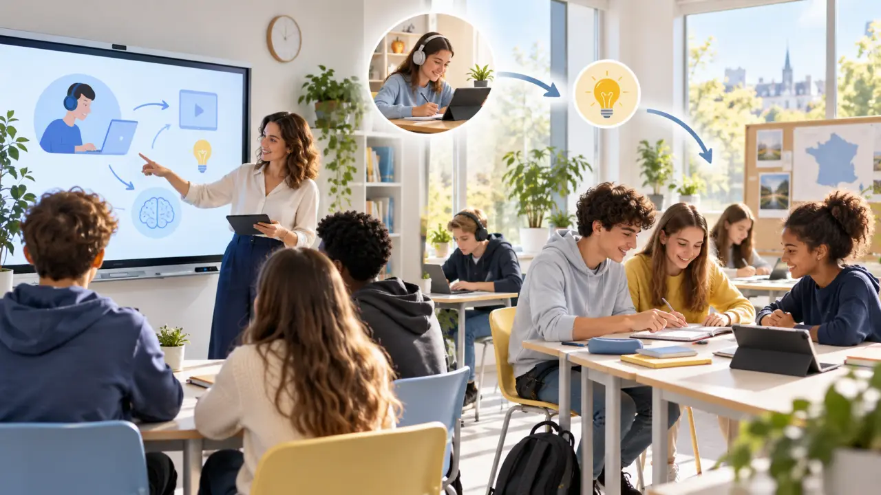 Lycéens travaillant en autonomie avec des supports numériques en classe