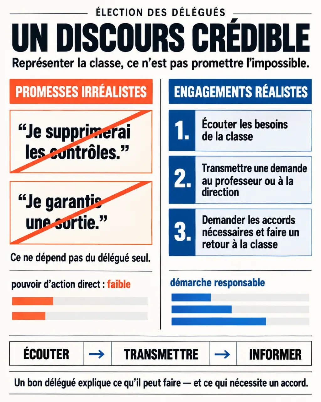 Infographie pour préparer un discours de délégué collège avec des promesses réalistes et irréalistes
