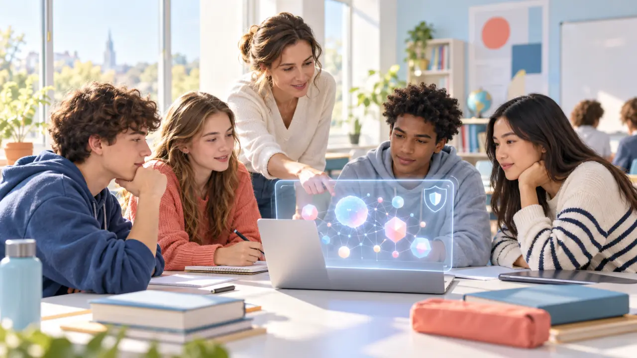 Élèves travaillant avec des outils numériques dans une salle de classe lumineuse