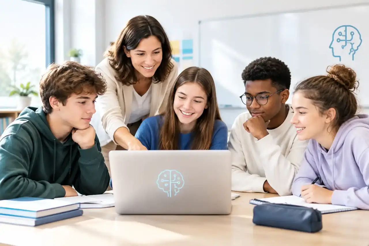 Élèves et enseignant utilisant des outils numériques dans une salle de classe lumineuse