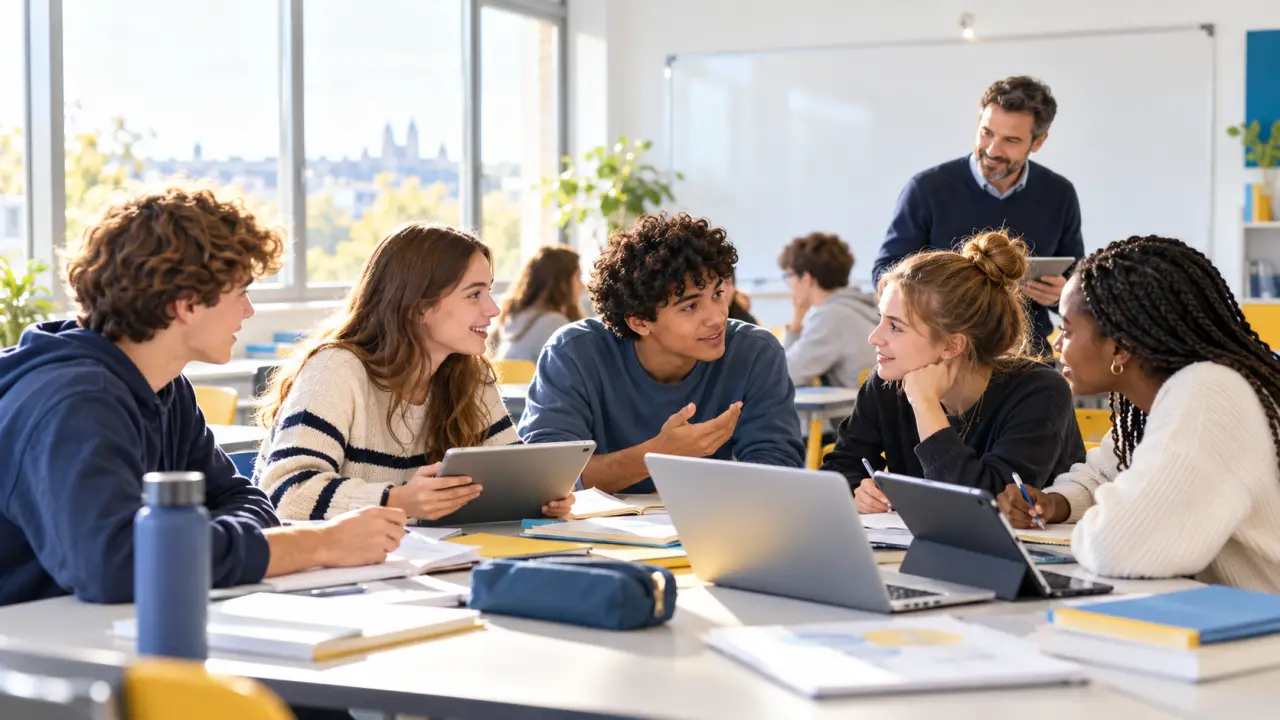 Lycéens travaillant en groupe dans une salle de classe lumineuse
