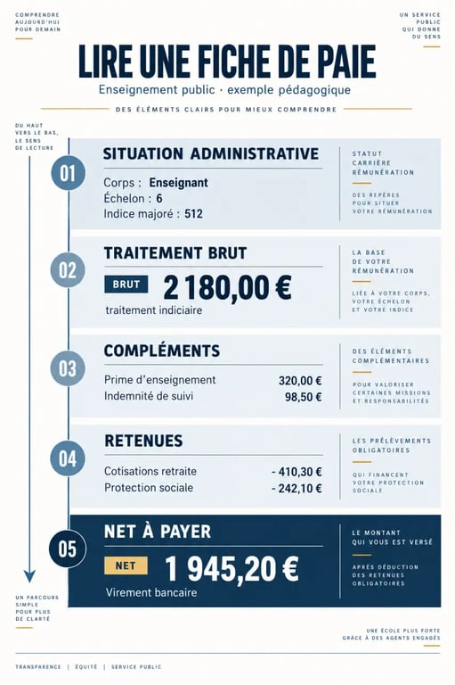 Fiche de paies enseignement : schéma pour lire les rubriques du bulletin de salaire