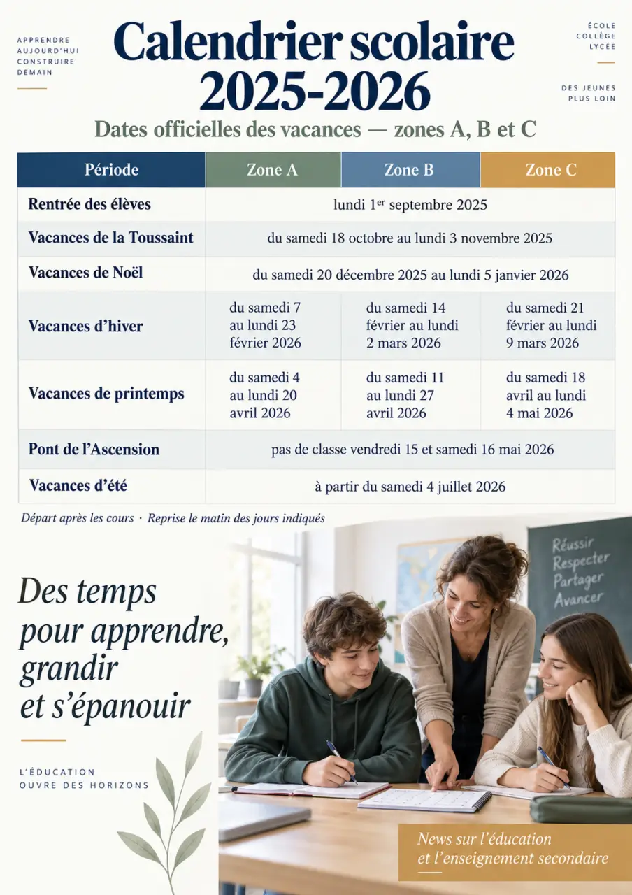 Calendrier scolaire 2025-2026 à imprimer : les dates officielles par zone A, B et C