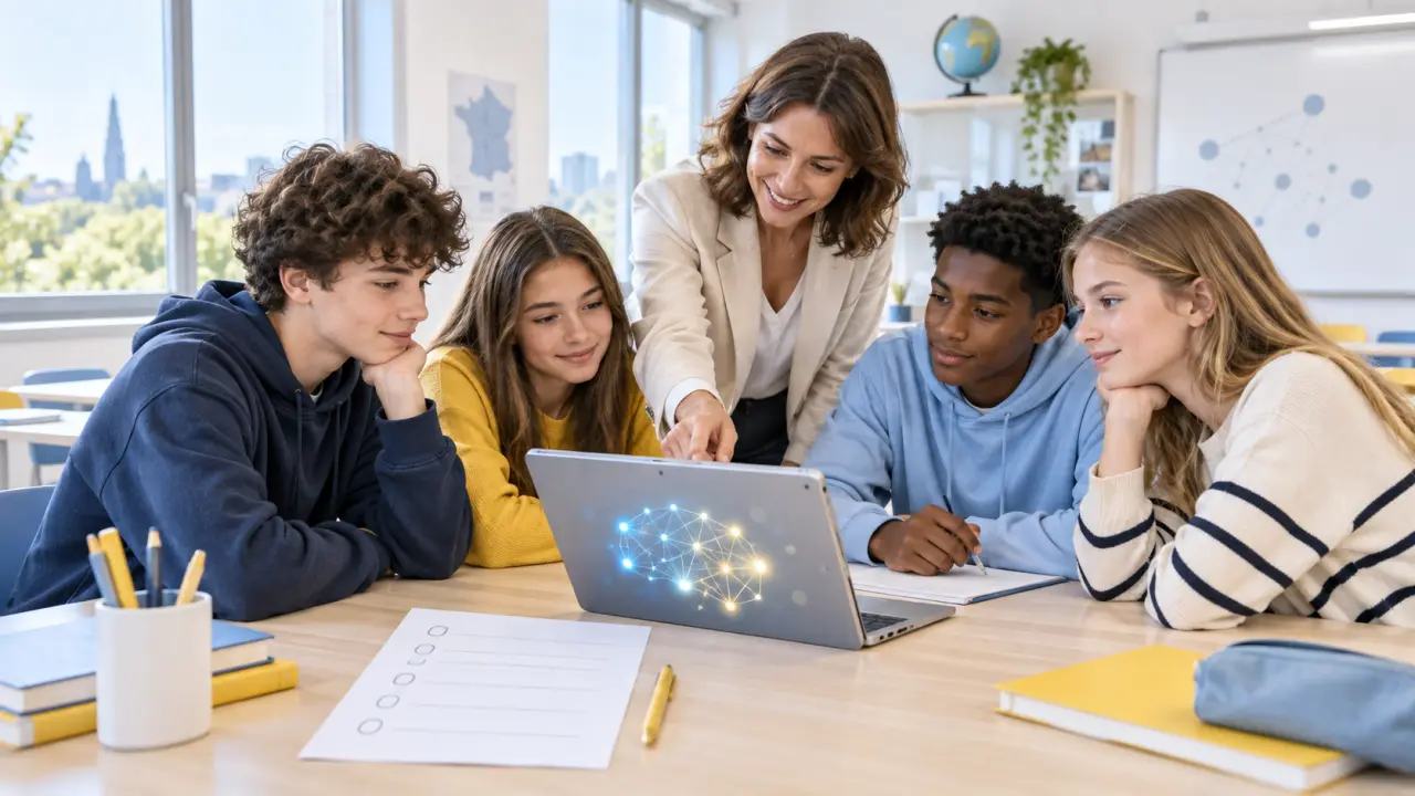 Enseignante utilisant un outil d'intelligence artificielle avec des lycéens en classe