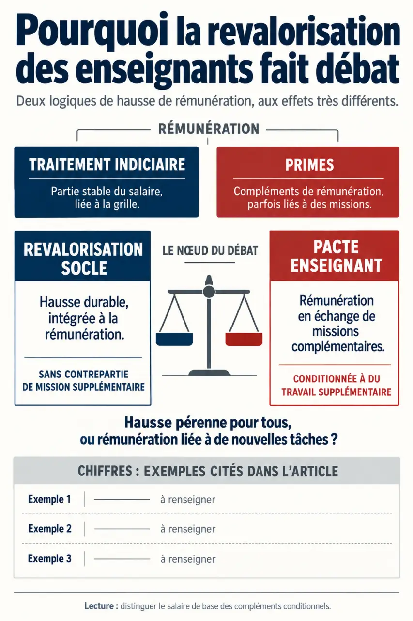 Infographie expliquant pourquoi la revalorisation salariale des enseignants fait débat entre hausse du traitement et missions complémentaires