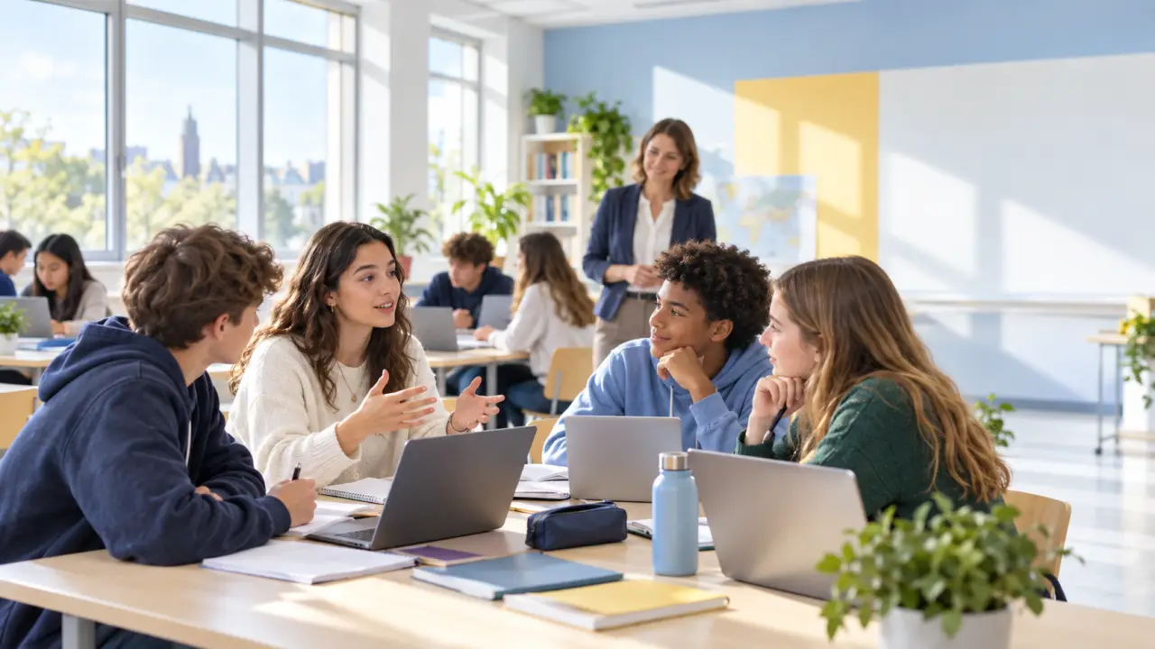 Lycéens travaillant en groupe dans une salle de classe lumineuse avec des outils numériques
