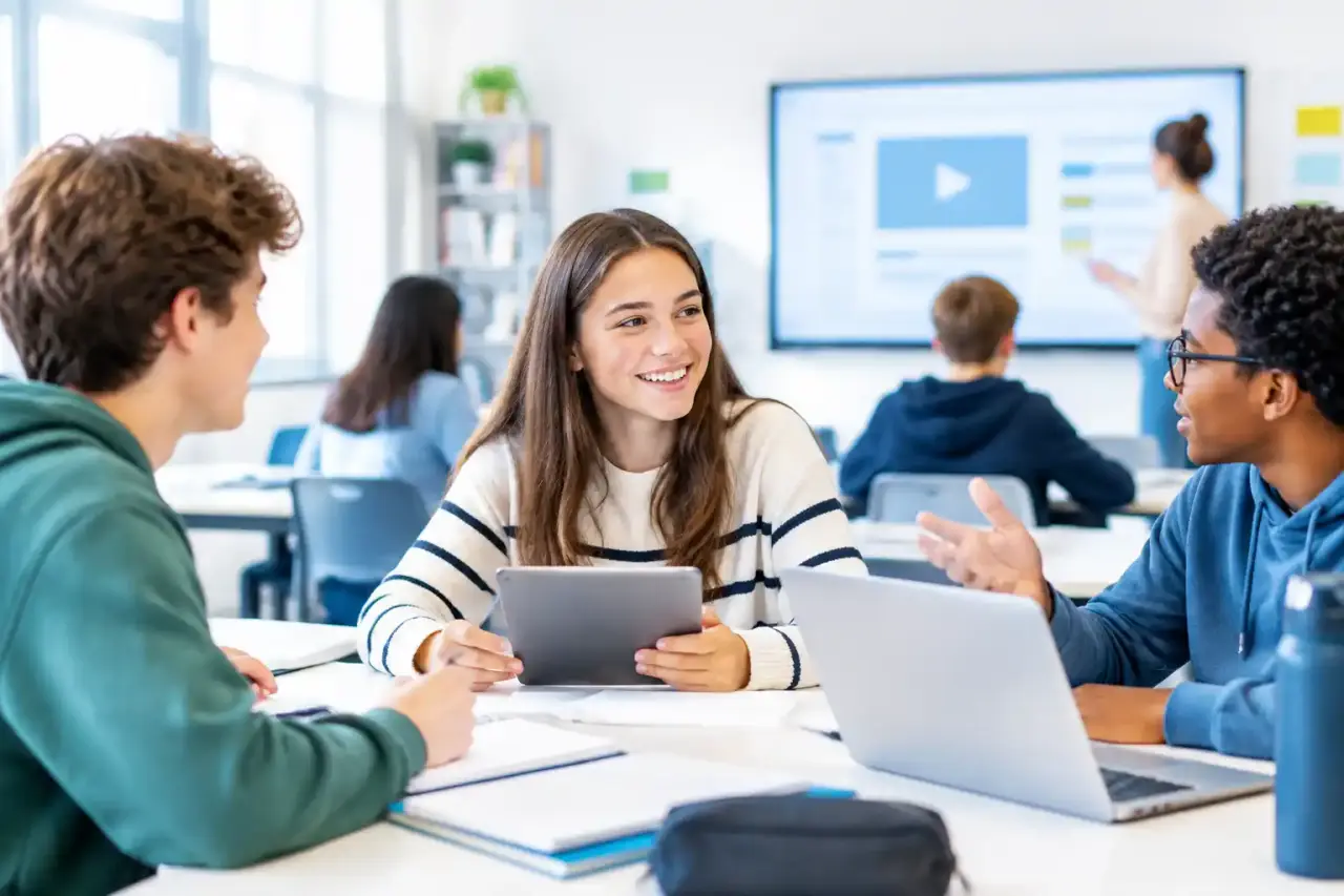 Des lycéens travaillent ensemble sur des tablettes dans une salle de classe lumineuse