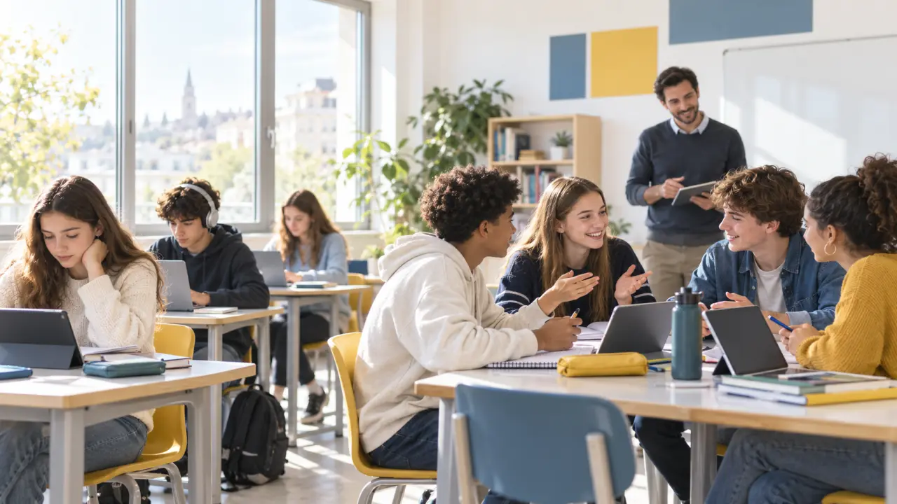 Élèves de lycée travaillant ensemble autour d'outils numériques en classe