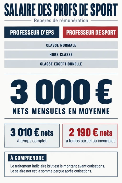 Infographie sur le salaire des profs de sport et les différences entre professeur d’EPS, grades, brut et net