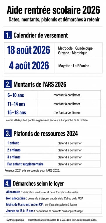 Aide rentrée scolaire 2026 : visuel de synthèse des dates, montants et conditions de l’ARS