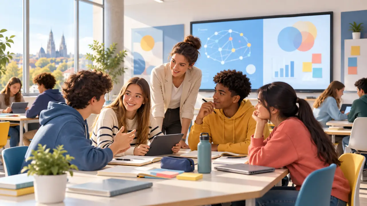 Élèves de seconde travaillant en groupe dans une classe moderne