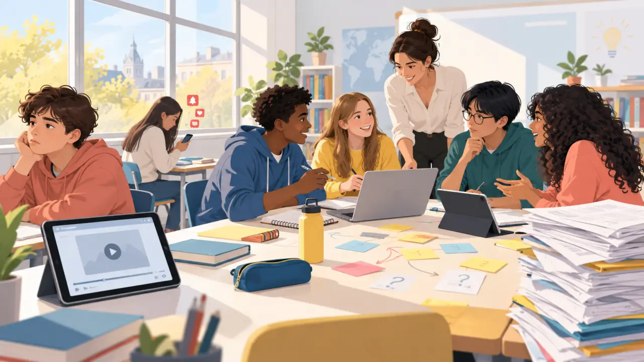 Élèves de lycée travaillant en groupe dans une classe moderne