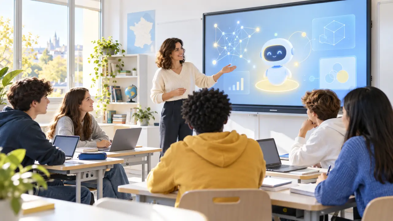 Élèves découvrant l'intelligence artificielle dans une salle de classe lumineuse