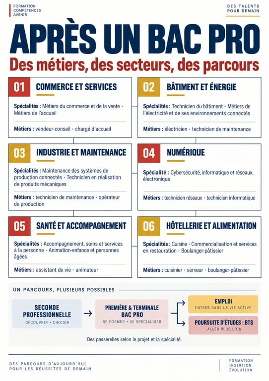 Infographie des métiers accessibles après un metier bac pro selon les secteurs et les spécialités