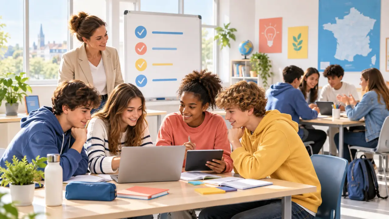 Enseignant présentant une activité numérique à une classe de lycée