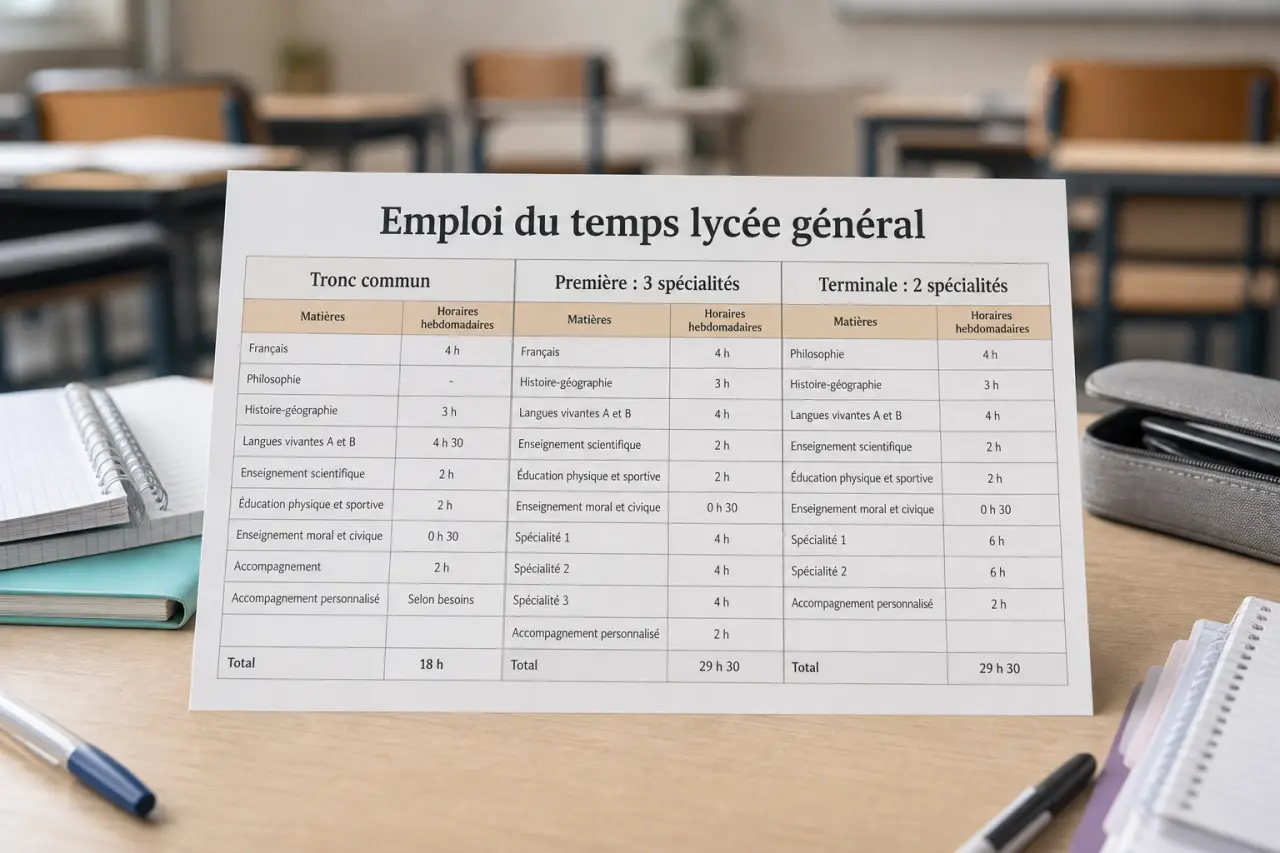 Emploi du temps lycée général : tronc commun, 3 spécialités en première et 2 en terminale