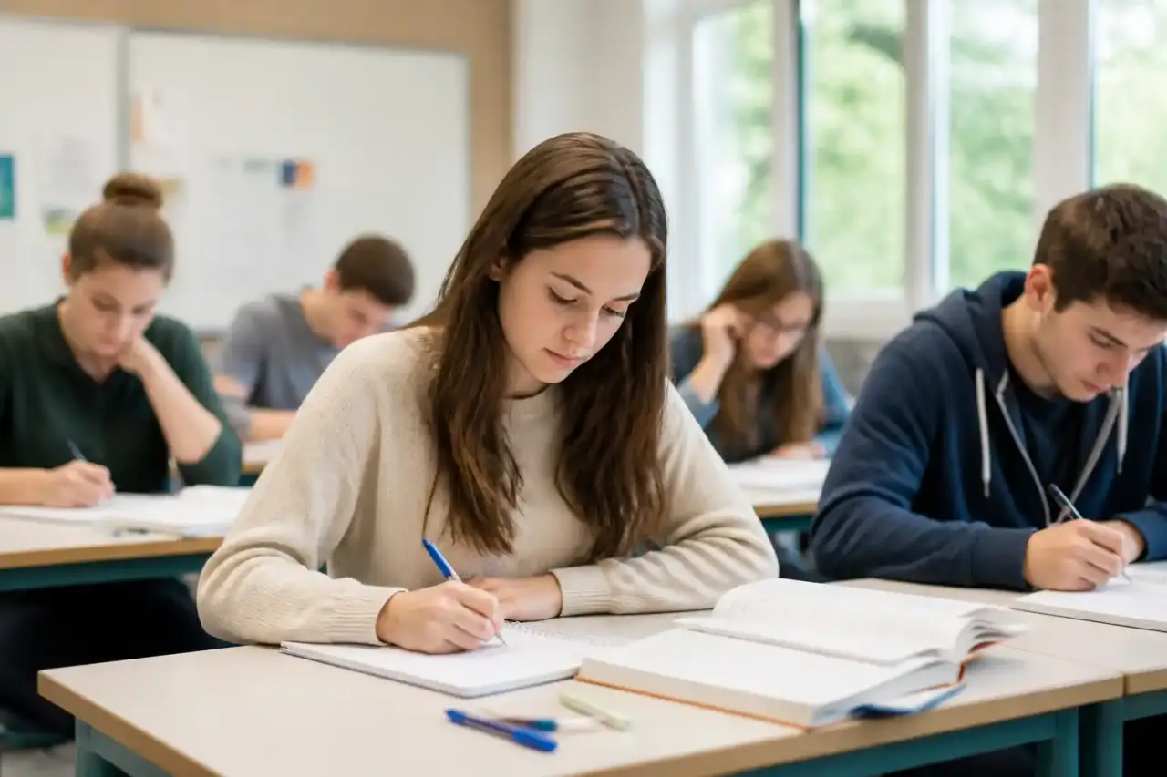 Lycéens réfléchissant à leur orientation scolaire devant un tableau d'options