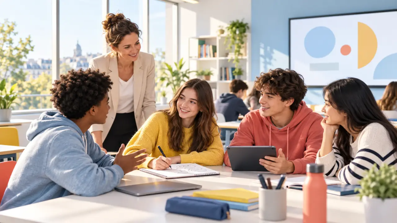 Élèves de lycée travaillant en groupe avec des outils numériques en classe