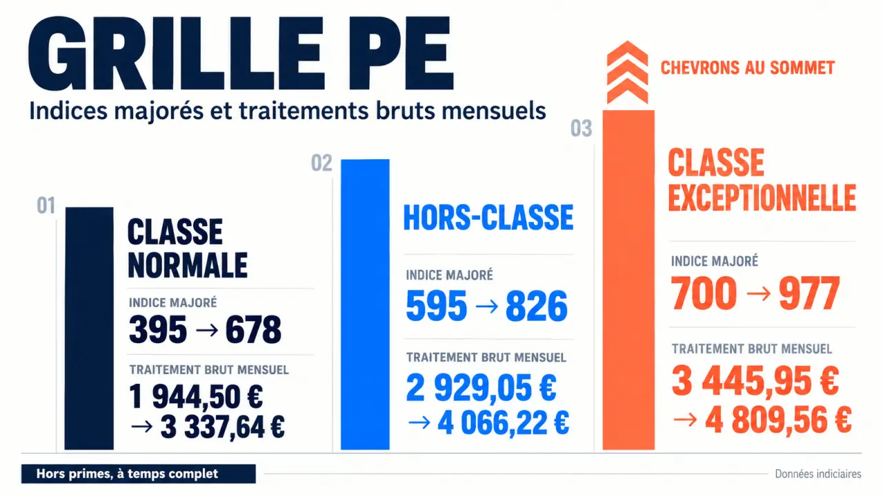 Grille PE : comparaison des indices majorés et traitements bruts des trois grades