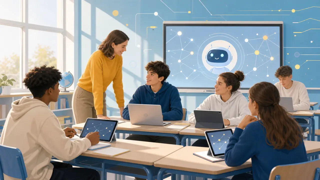 Illustration moderne de l'intégration de l'IA en classe au lycée