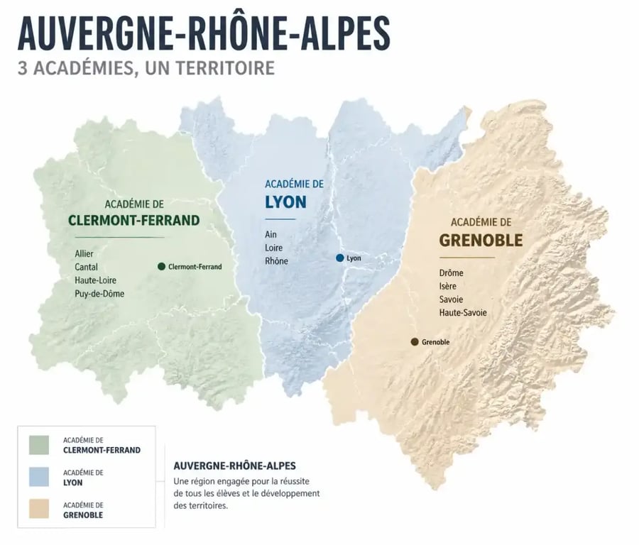 Carte des académies de Lyon, Grenoble et Clermont-Ferrand pour l'orientation après la 3ème