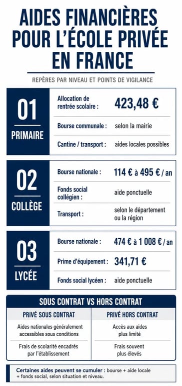 Aide pour ecole privée : infographie des aides financières selon le niveau scolaire et le statut de l’établissement