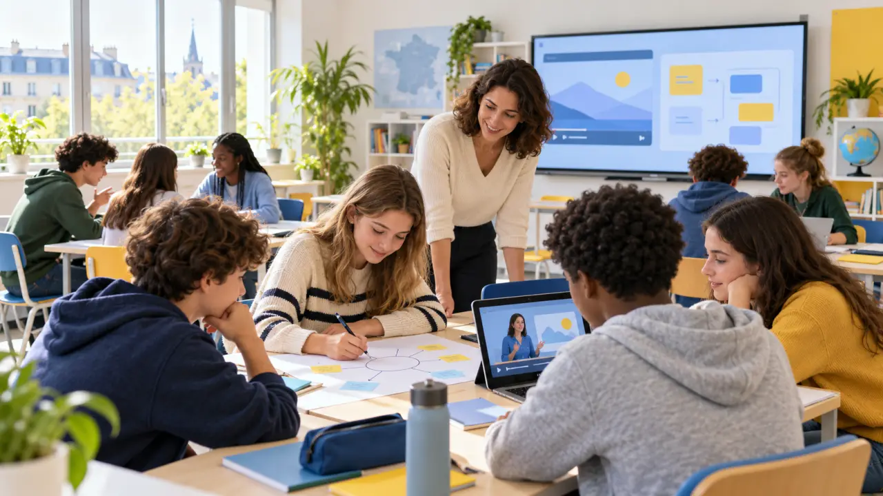 Élèves de lycée travaillant en groupe avec des outils numériques dans une salle de classe lumineuse